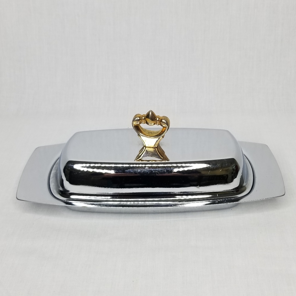 Kromex Vogue 3Pc Butter Dish‎ Silver Chrome With Glass Insert Butter Keeper
